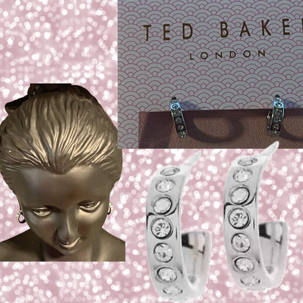 Ted Baker London Mini Silver-Tone Bezel Set Crystals Hoop Huggies Post Earrings 35$